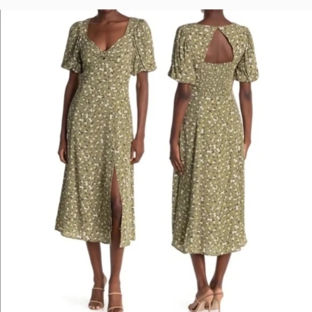 Olive Green Floral Midi Dress with Puff Sleeves